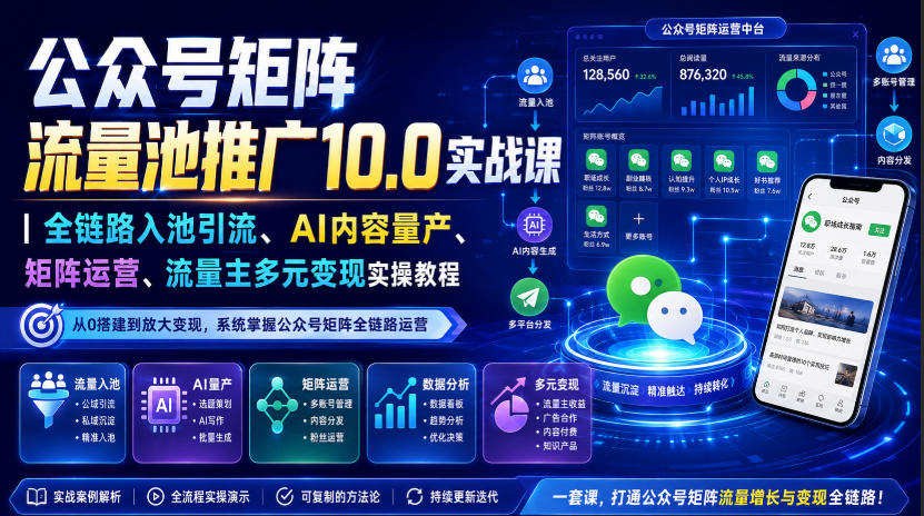 公众号矩阵流量池推广10.0实战课｜全链路入池引流、AI内容量产、矩阵运营、流量主多元变现实操教程-91副业网