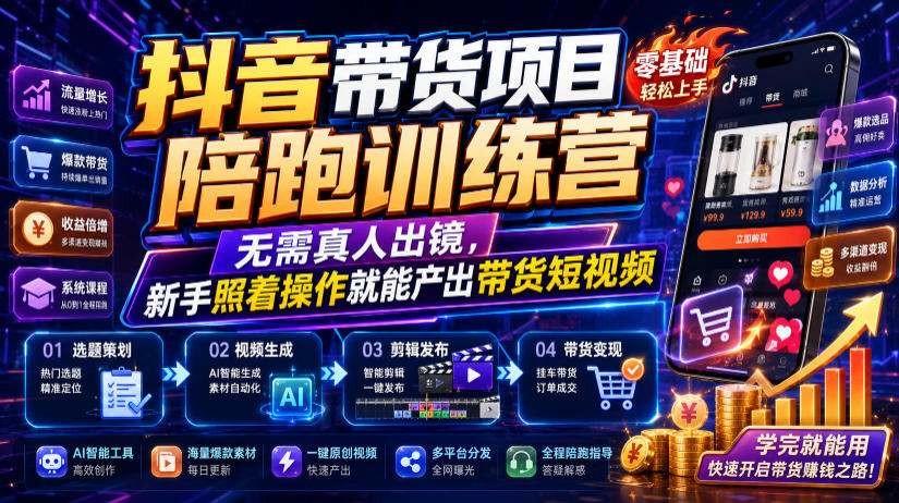 抖音带货项目陪跑训练营，无需真人出镜，新手照着操作就能产出带货短视频(更新0811)-91副业网