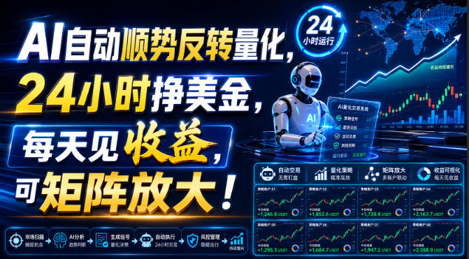 AI自动顺势反转量化，24小时挣美金，每天见收益，可矩阵放大！【揭秘】-91副业网