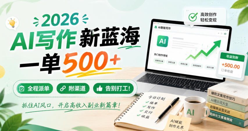 2026 AI写作新蓝海，一单500+，全程派单，附渠道，告别打工！【揭秘】-91副业网
