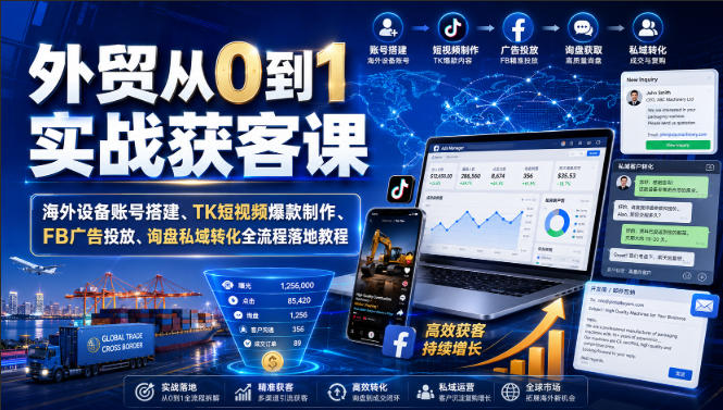 外贸从0到1实战获客课｜海外设备账号搭建、TK短视频爆款制作、FB广告投放、询盘私域转化全流程落地教程-91副业网
