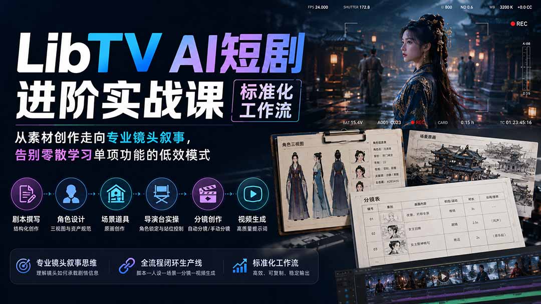 LibTV AI短剧进阶实操课标准化工作流；从素材创作走向专业镜头叙事，告别零散学习单项功能的低效模式-91副业网