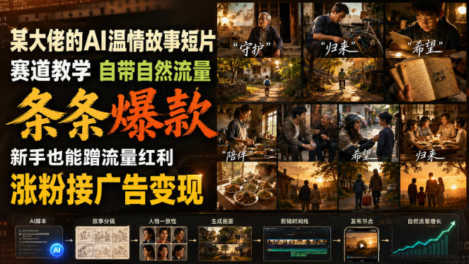 某大佬的AI温情故事短片赛道教学,自带自然流量,条条爆款,新手也能蹭流量红利,涨粉接广告变现-91副业网