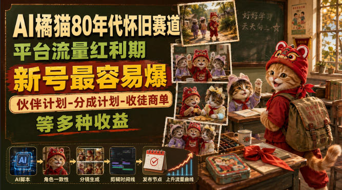 AI橘猫80年代怀旧赛道，平台流量红利期，新号最容易爆，伙伴计划-分成计划-收徒商单等多种收益-91副业网