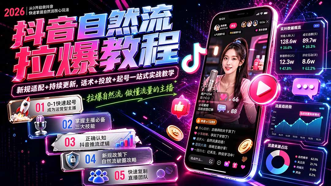抖音自然流拉爆教程-更新8月：做懂流量的主播，新规适配+持续更新，话术+投放+起号一站式实战教学-91副业网
