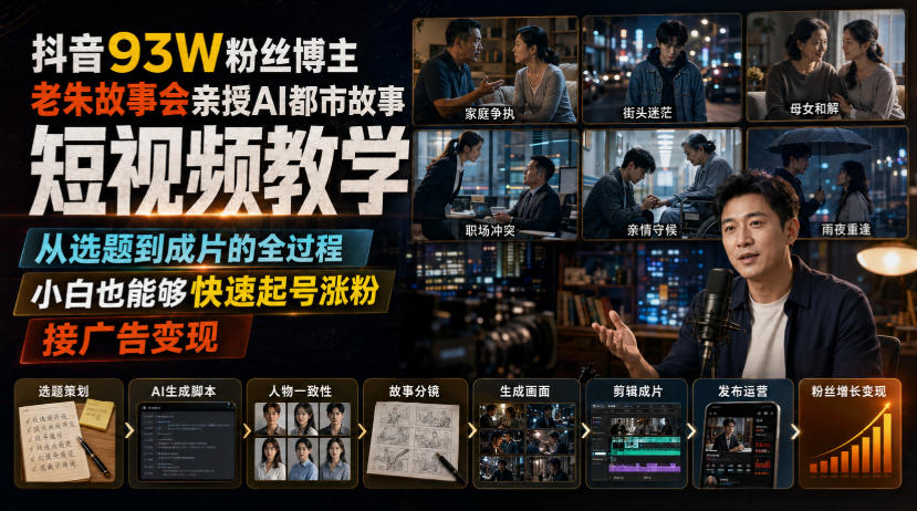 抖音93W粉丝博主老朱故事会亲授AI都市故事短视频教学，从选题到成片的全过程，小白也能够快速起号涨粉接广告变现-91副业网