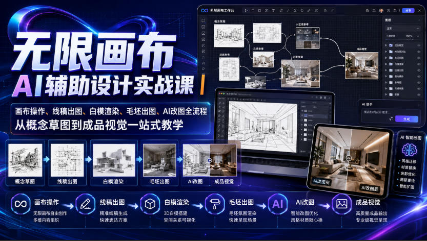 无限画布AI辅助设计实战课｜画布操作、线稿出图、白模渲染、毛坯出图、AI改图全流程，从概念草图到成品视觉一站式教学-91副业网