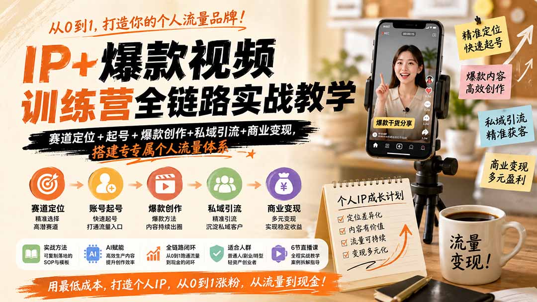 IP+爆款视频训练营全链路实战教学;赛道定位+起号+爆款创作+私域引流+商业变现,搭建专属个人流量体系-91副业网
