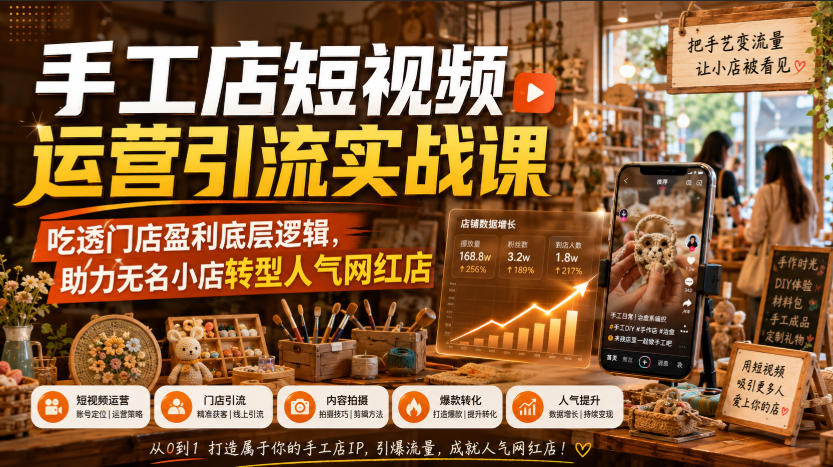 手工店短视频运营引流实战课，吃透门店盈利底层逻辑，助力无名小店转型人气网红店-91副业网