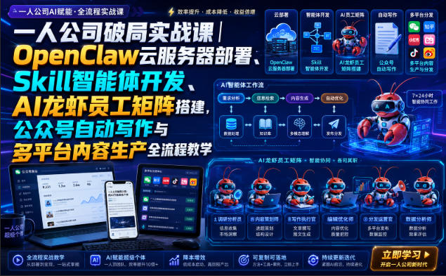 一人公司破局实战课｜OpenClaw云服务器部署、Skill智能体开发、AI龙虾员工矩阵搭建，公众号自动写作与多平台内容生产全流程教学-91副业网