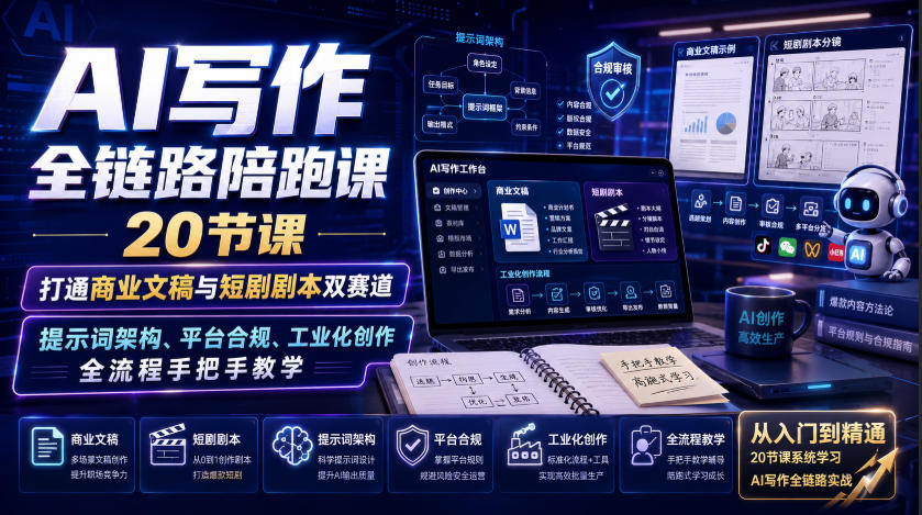 AI写作全链路陪跑课｜20节课打通商业文稿与短剧剧本双赛道，提示词架构、平台合规、工业化创作全流程手把手教学-91副业网