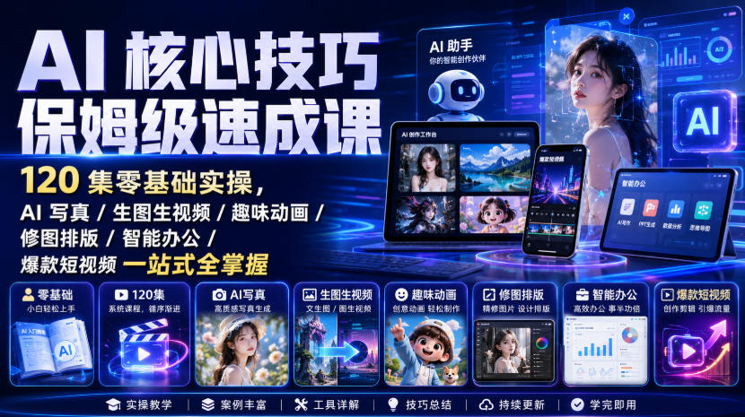 AI核心技巧保姆级速成课｜120集零基础实操，AI写真/生图生视频/趣味动画/修图排版/智能办公/爆款短视频一站式全掌握-91副业网