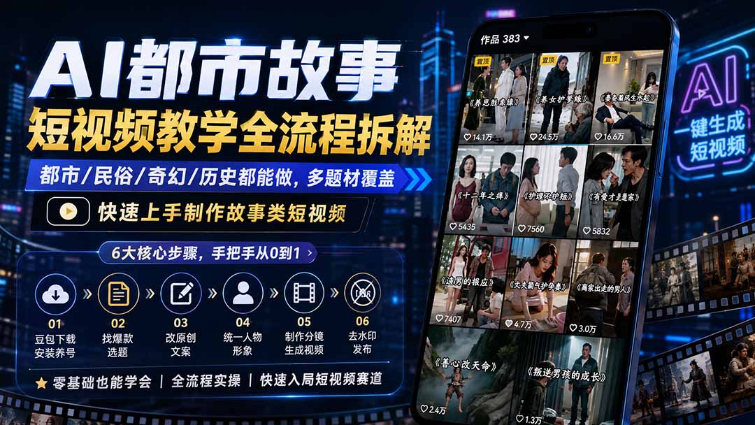 AI都市故事短视频教学全流程拆解;都市/民俗/奇幻/历史都能做多题材覆盖,快速上手制作故事类短视频-91副业网