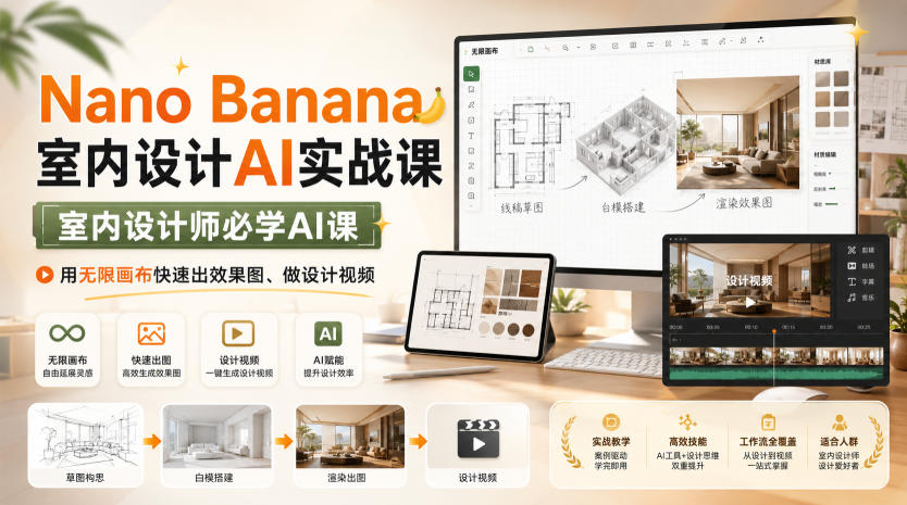 Nano Banana室内设计AI实战课,室内设计师必学AI课,用无限画布快速出效果图、做设计视频-91副业网