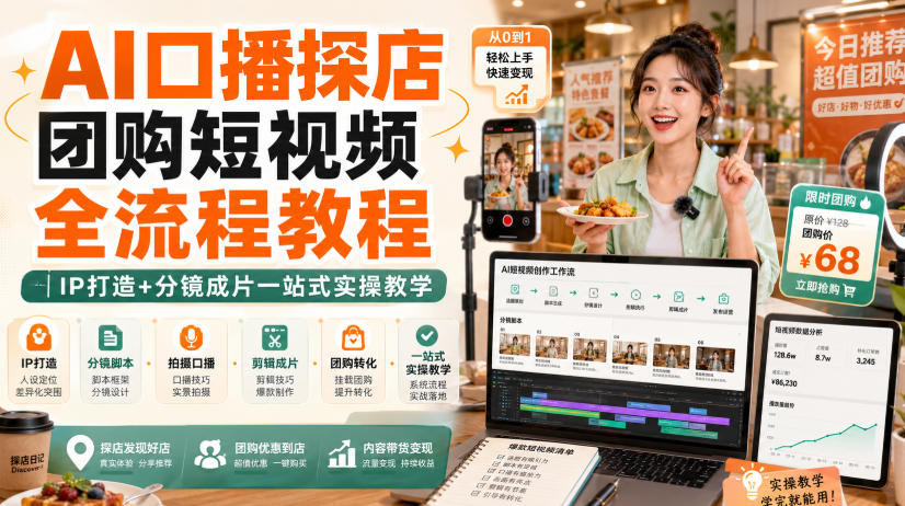 AI口播探店团购短视频全流程教程|IP打造+分镜成片一站式实操教学-91副业网