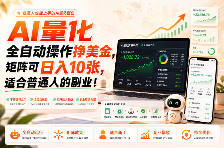 AI量化全自动操作挣美金，矩阵可日入10张，适合普通人的副业！【揭秘】-91副业网