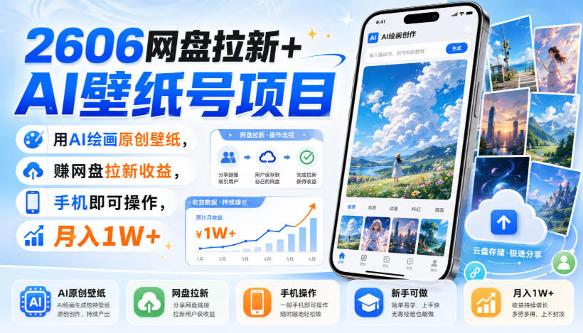 2606网盘拉新+AI壁纸号项目,用AI绘画原创壁纸,賺网盘拉新收益,手机即可操作,月入1W+-91副业网