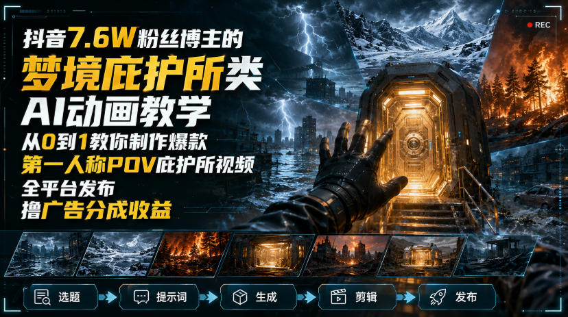 抖音7.6W粉丝博主的梦境庇护所类AI动画教学,从0到1教你制作爆款第一人称POV庇护所视频,全平台发布撸广告分成收益-91副业网