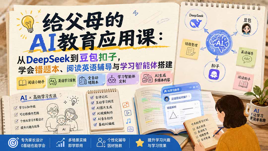 给父母的AI教育应用课：从DeepSeek到豆包扣子，学会错题本、阅读英语辅导与学习智能体搭建-91副业网