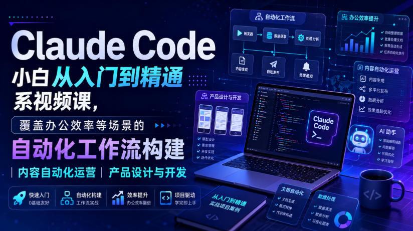 Claude Code小白从入门到精通系视频课,覆盖办公效率等场景的自动化工作流构建|内容自动化运营|产品设计与开发-91副业网