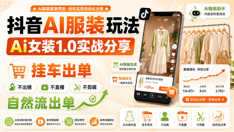 抖音AI服装玩法，Ai女装1.0实战分享，挂车出单，不出镜，不直播，不剪辑，自然流出单-91副业网