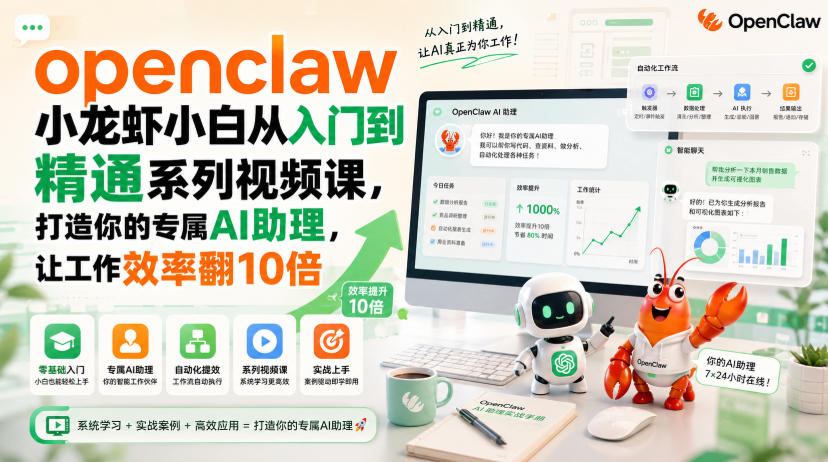 openclaw小龙虾小白从入门到精通系列视频课,打造你的专属AI助理,让工作效率翻10倍-91副业网