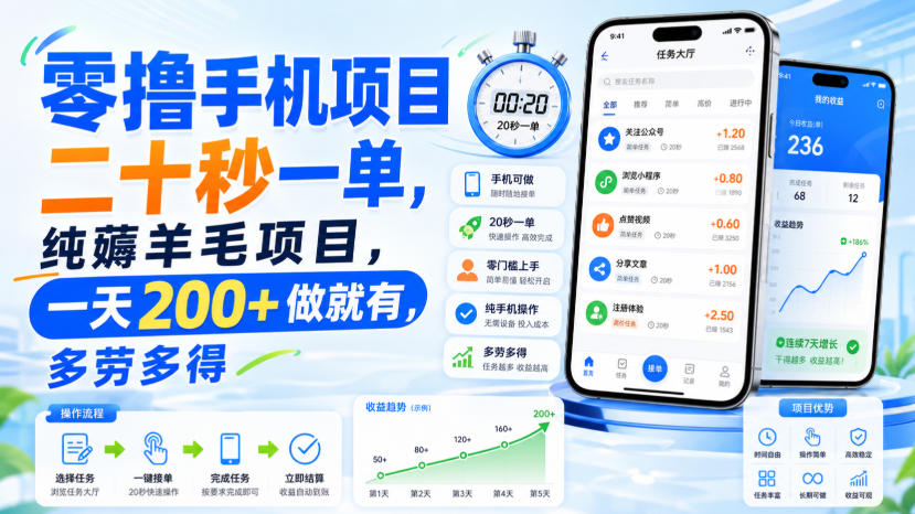 零撸手机项目，二十秒一单，纯薅羊毛项目，一天200+做就有，多劳多得【揭秘】-91副业网