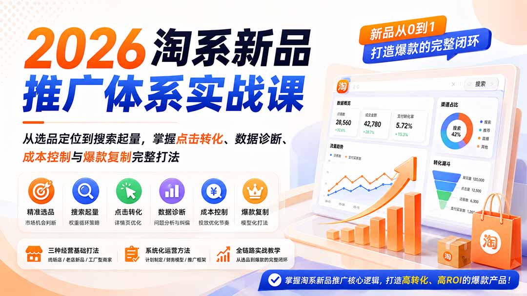 2026淘系新品推广体系实战课：从选品定位到搜索起量，掌握点击转化、数据诊断、成本控制与爆款复制完整打法-91副业网