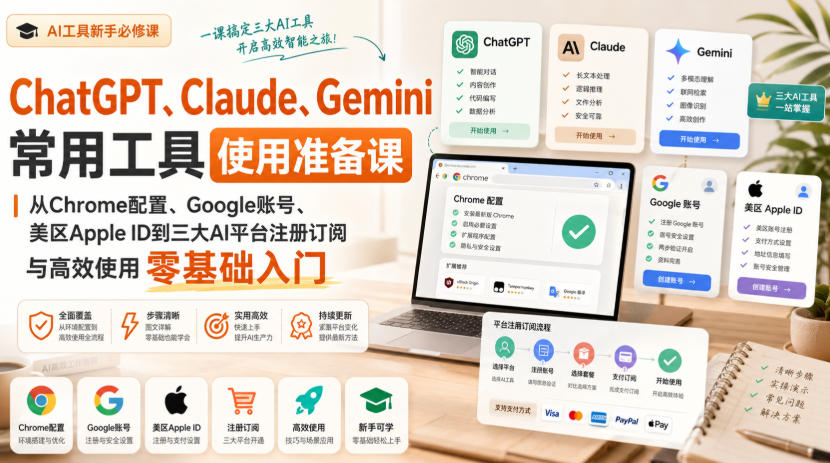 ChatGPT、Claude、Gemini常用工具使用准备课|从Chrome配置、Google账号、美区Apple ID到三大AI平台注册订阅与高效使用零基础入门-91副业网