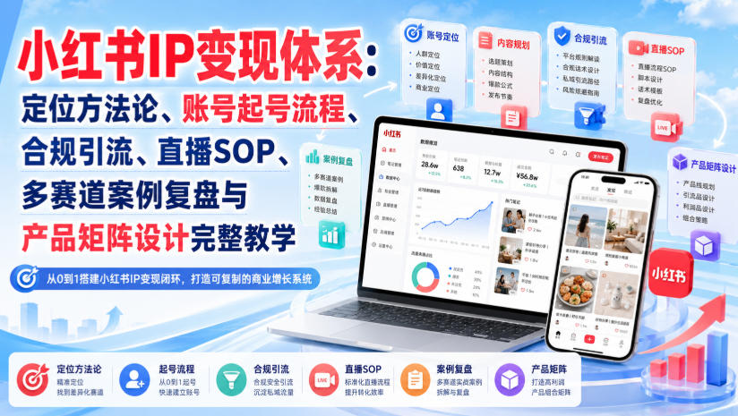 小红书IP变现体系:定位方法论、账号起号流程、合规引流、直播SOP、多赛道案例复盘与产品矩阵设计完整教学-91副业网
