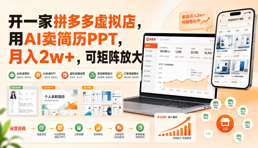 开一家拼多多虚拟店，用AI卖简历PPT，月入2w+，可矩阵放大【揭秘】-91副业网