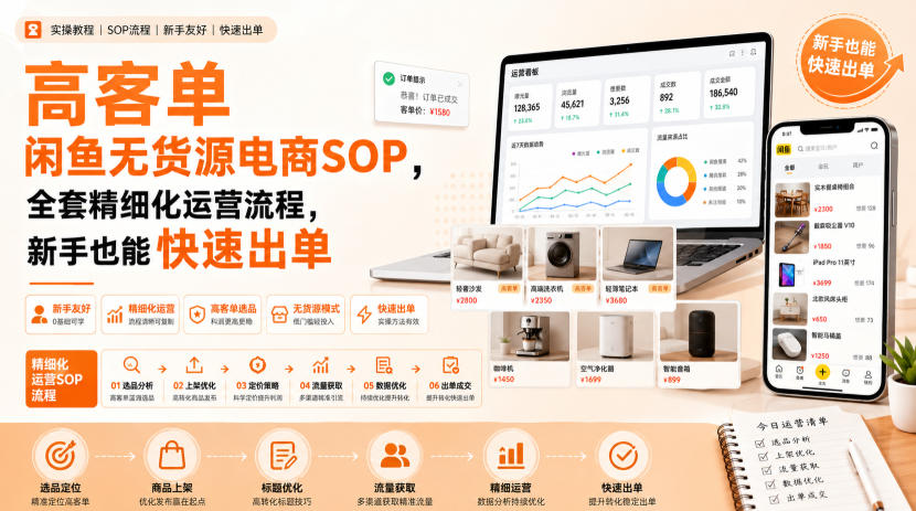 高客单闲鱼无货源电商SOP，全套精细化运营流程，新手也能快速出单-91副业网