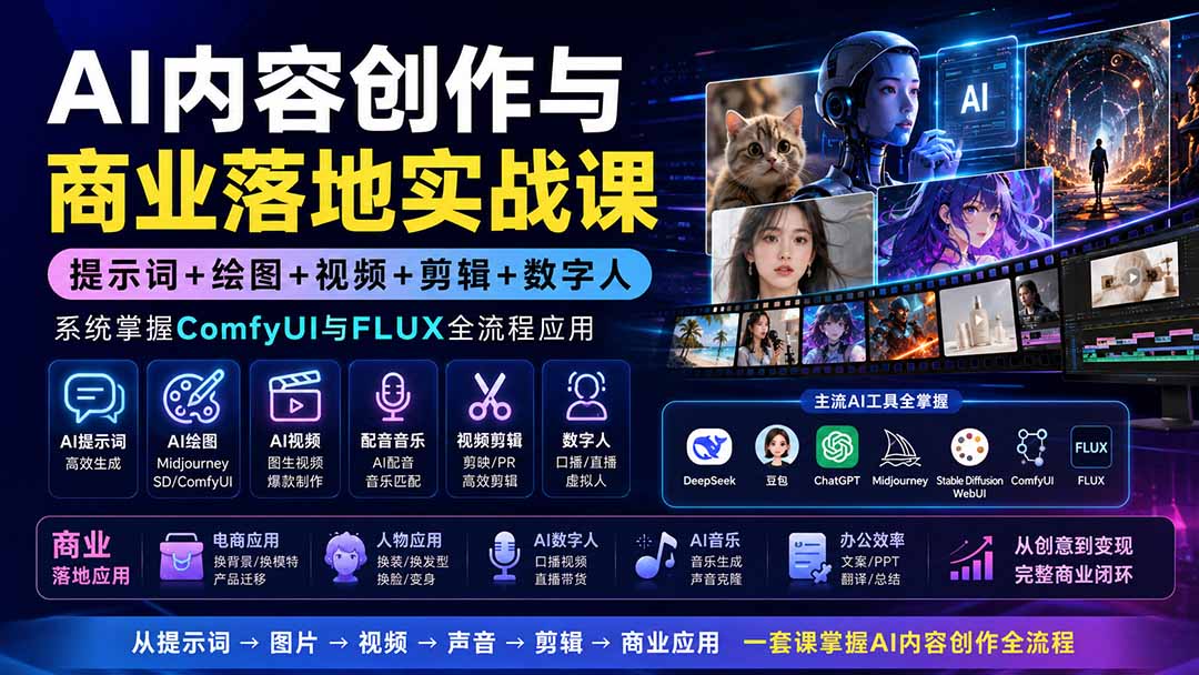 AI内容创作与商业落地实战课：提示词+绘图+视频+剪辑+数字人，系统掌握ComfyUI与FLUX全流程应用-91副业网