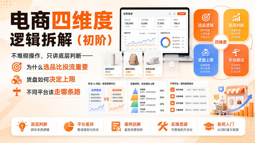 电商四维度逻辑拆解(初阶)不堆砌操作，只讲底层判断——为什么选品比投流重要、货盘如何决定上限、不同平台该走哪条路-91副业网