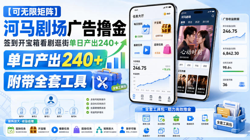 【可无限矩阵】河马剧场广告撸金，签到开宝箱看剧逛街单日产出240+，附带全套工具【揭秘】-91副业网