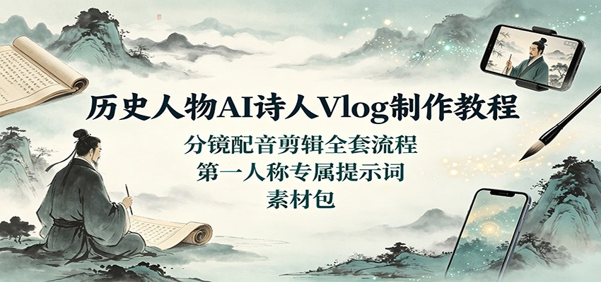 历史人物AI诗人Vlog制作教程：分镜配音剪辑全套流程，第一人称专属提示词素材包-91副业网