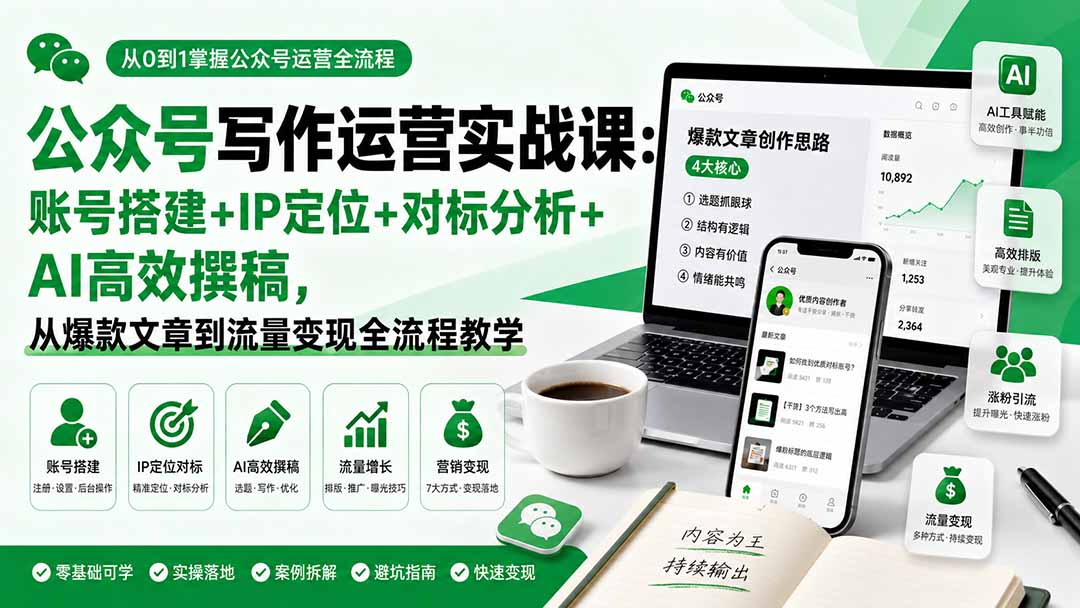 公众号写作运营实战课:账号搭建+IP定位+对标分析+AI高效撰稿,从爆款文章到流量变现全流程教学-91副业网