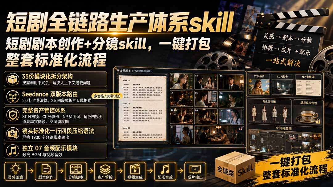 短剧全链路生产体系skill，短剧剧本创作+分镜skill，一键打包，整套标准化流程-91副业网