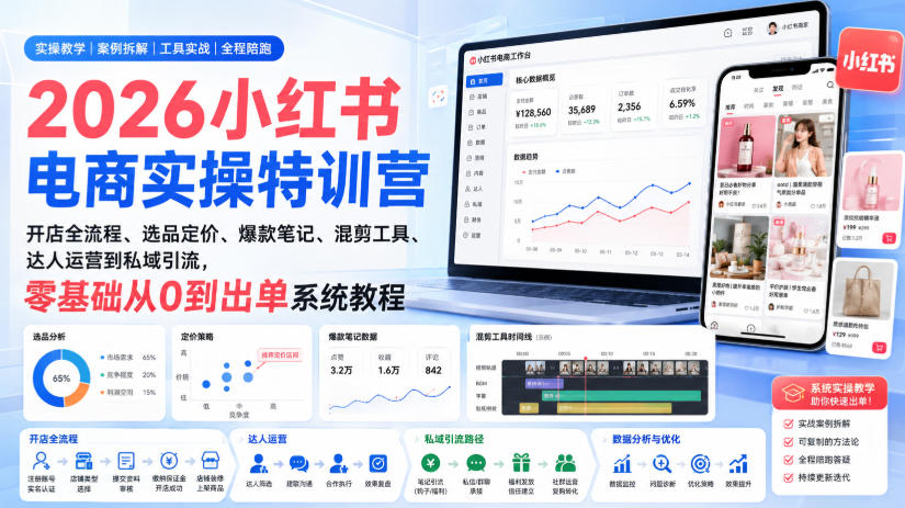 2026小红书电商实操特训营|开店全流程、选品定价、爆款笔记、混剪工具、达人运营到私域引流,零基础从0到出单系统教程-91副业网