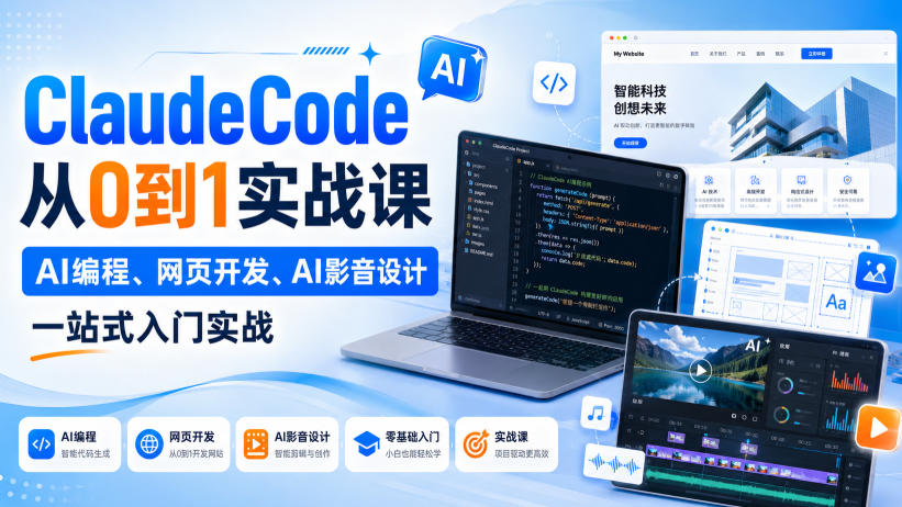 ClaudeCode从0到1实战课,AI编程、网页开发、AI影音设计一站式入门实战-91副业网