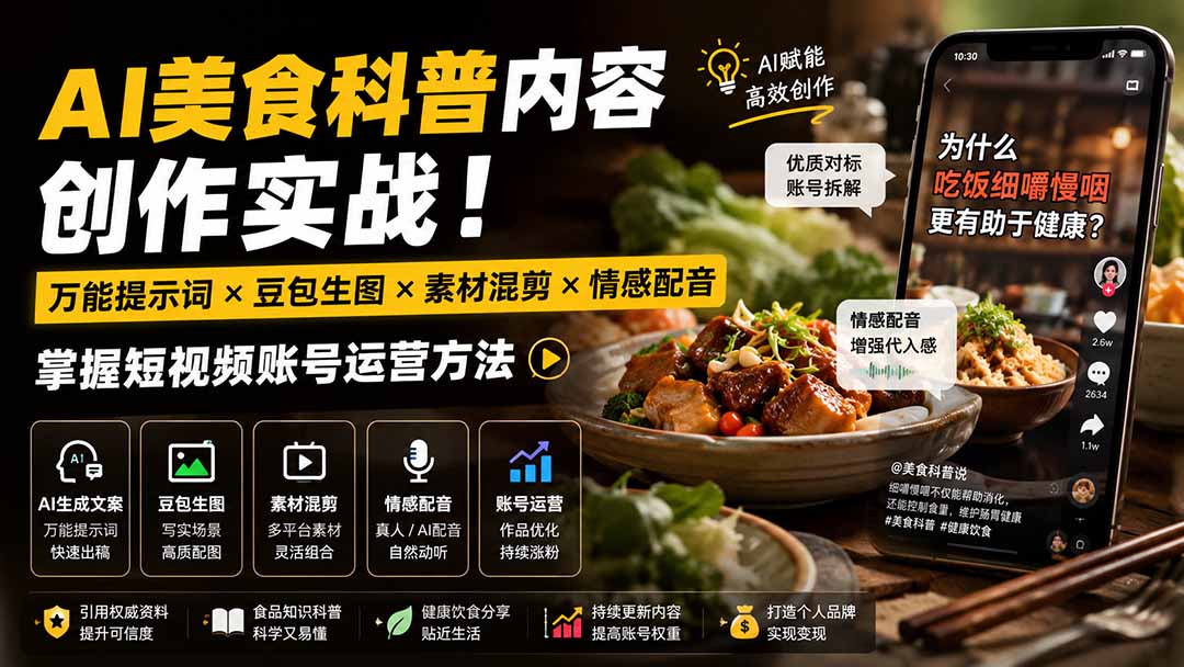外面卖199元-AI美食科普内容创作实战！万能提示词×豆包生图×素材混剪×情感配音，掌握短视频账号运营方法-91副业网