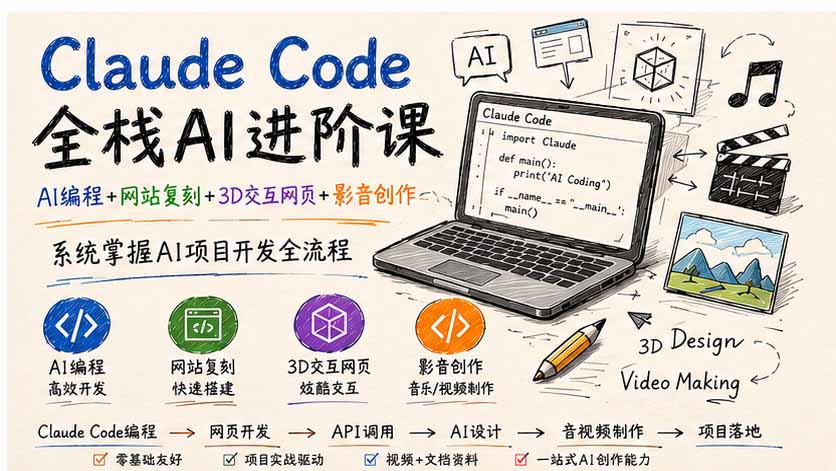 Claude Code全栈AI进阶课；AI编程+网站复刻+3D交互网页+影音创作，系统掌握AI项目开发全流程-91副业网