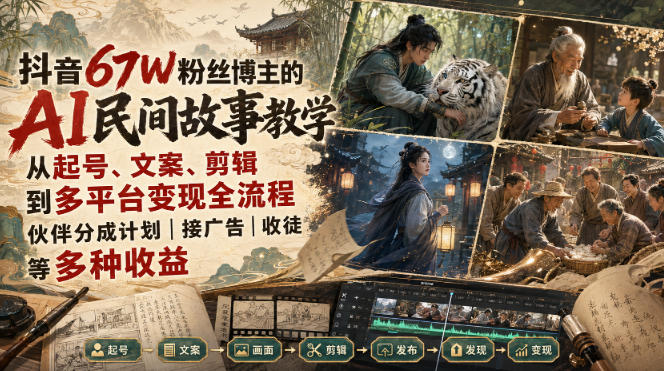 抖音67W粉丝博主的AI民间故事教学，从起号、文案、剪辑到多平台变现全流程，伙伴分成计划接广告等多种收益，月入1W+-91副业网