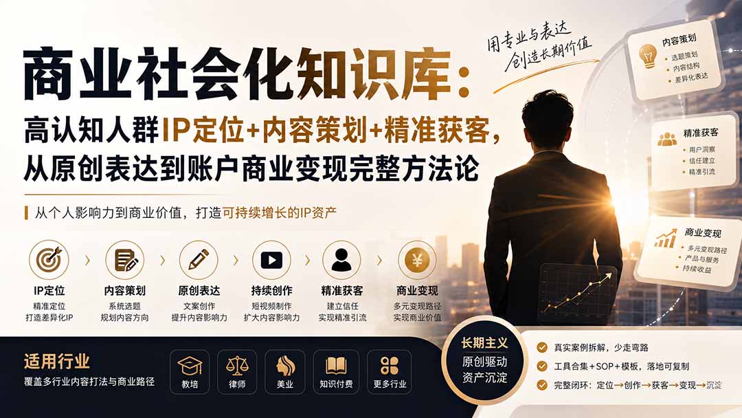 商业社会化知识库：高认知人群IP定位+内容策划+精准获客，从原创表达到账户商业变现完整方法论-91副业网