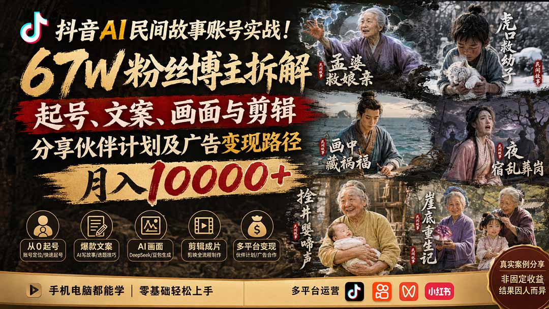 抖音AI民间故事账号实战！67W粉丝博主拆解起号、文案、画面与剪辑，分享伙伴计划及广告变现路径，月入10000+-91副业网
