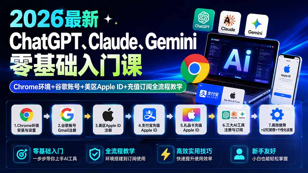 2026最新ChatGPT、Claude、Gemini零基础入门课:Chrome环境+谷歌账号+美区Apple ID+充值订阅全流程教学-91副业网