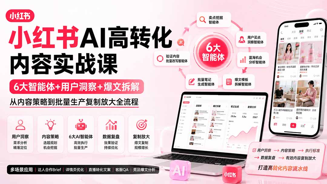 小红书AI高转化内容实战课:6大智能体+用户洞察+爆文拆解,从内容策略到批量生产复制放大全流程-91副业网
