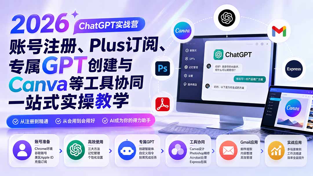2026 ChatGPT实战营；账号注册、Plus订阅、专属GPT创建与Canva等工具协同一站式实操教学-91副业网