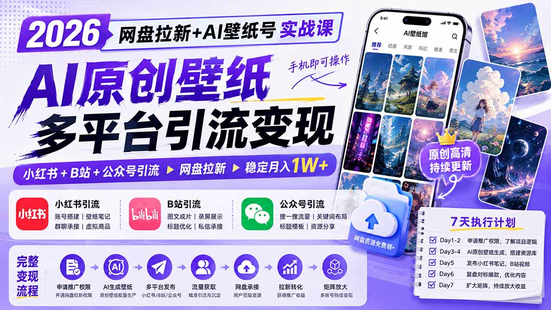 2026网盘拉新+AI壁纸号实战课：AI原创壁纸+小红书+B站+公众号引流，手机即可操作，月入1W+-91副业网