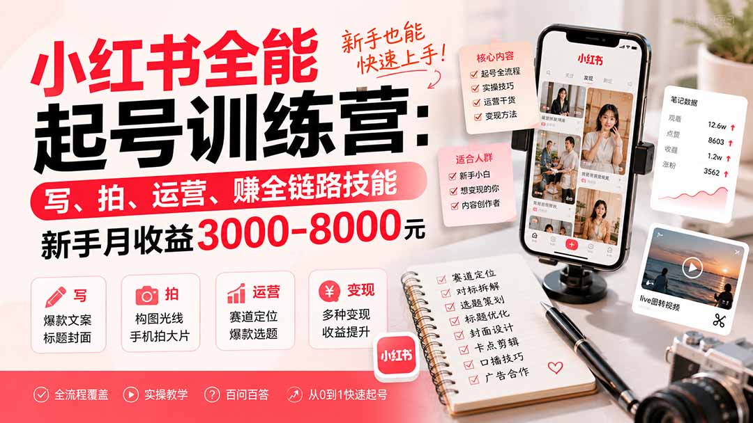 小红书全能起号训练营-更新：写、拍、运营、赚全链路技能，新手月收益3000-8000元-91副业网